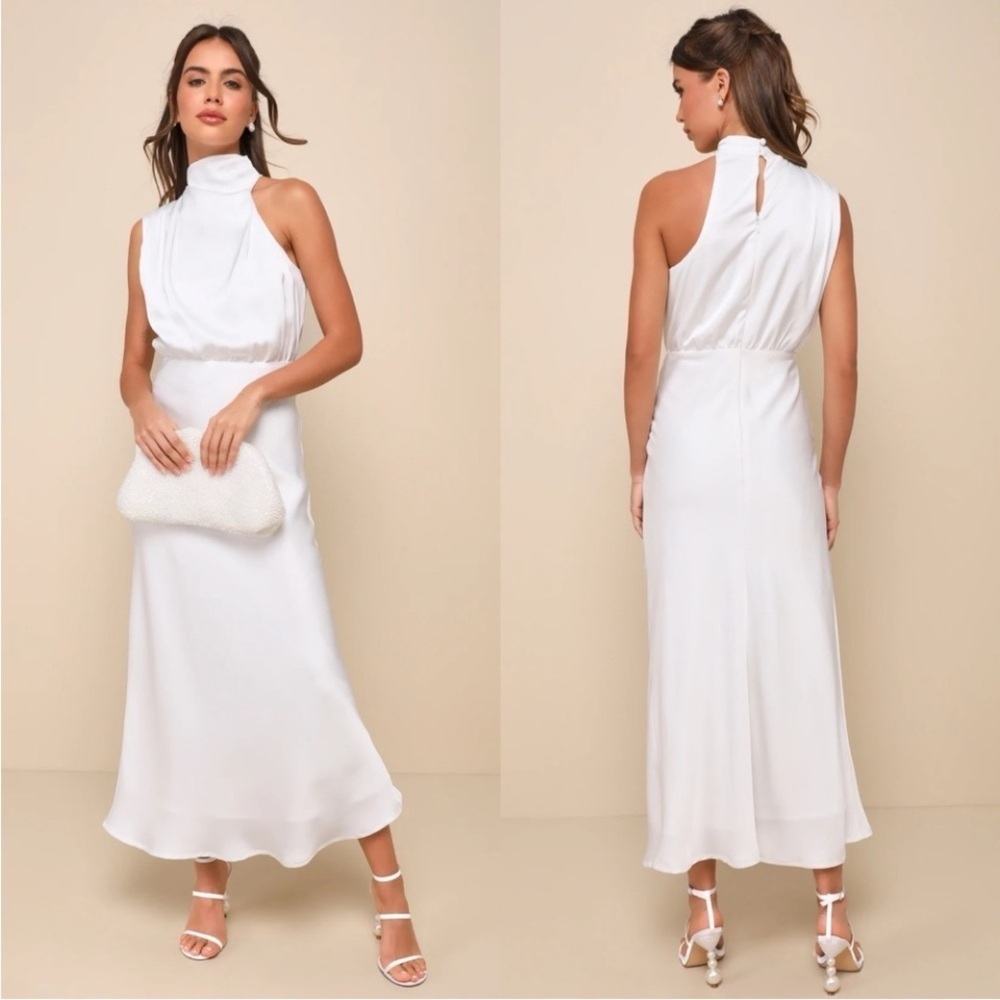 NWT Lulus Distinctive Charm White Satin Asymmetrical Midi Dress Size Large FLAW